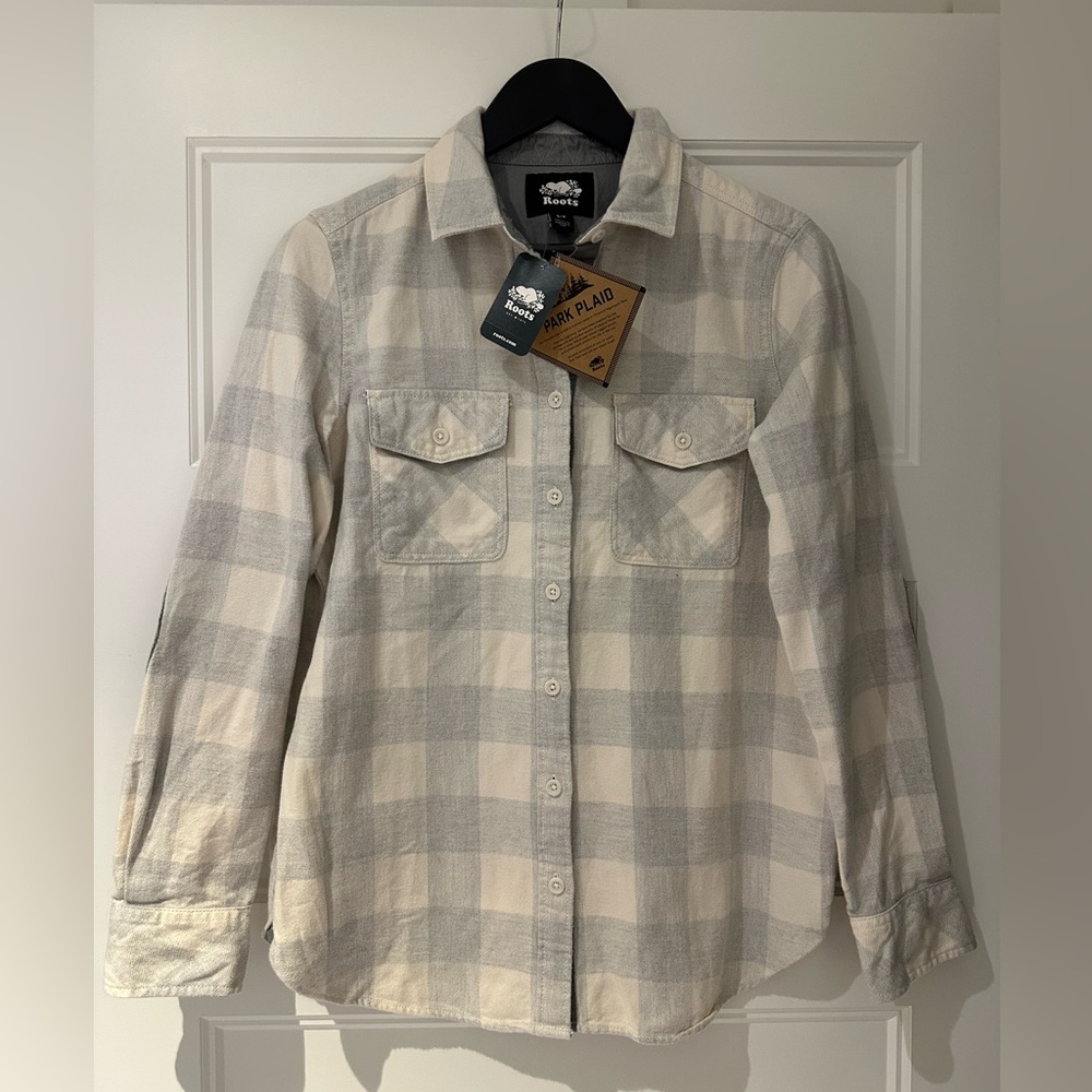 NWT Small Roots Park Plaid Soft Grey 100% Cotton Button-Up Flannel Shirt